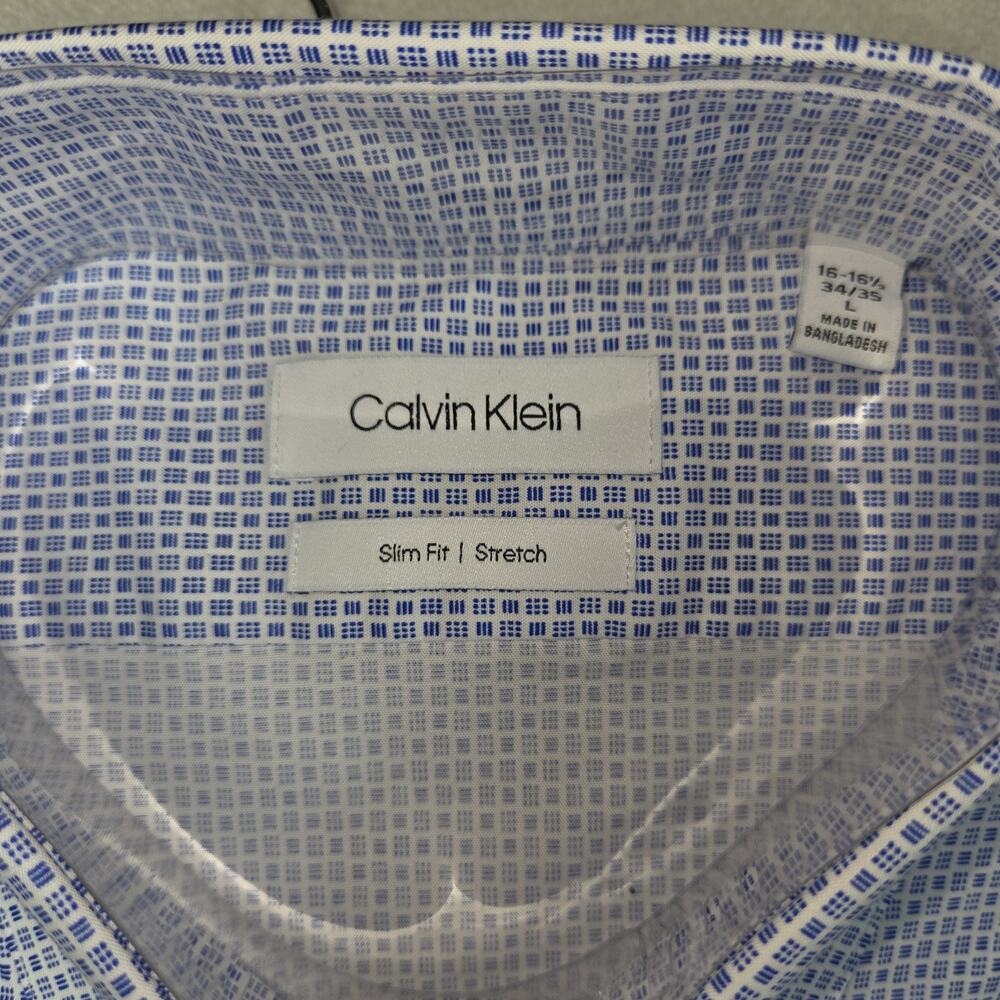 Calvin Klein Men Regular Fit Blue White Wrinkle Free Dress Shirt Large 16 16.5 - Picture 4 of 7